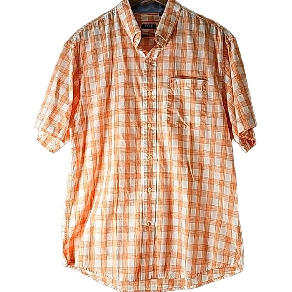 Izod Mens Sz L Button Down Orange Plaid Beachy Casual Lightweight Shirt